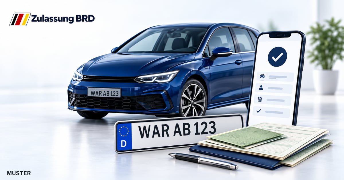 Online Fahrzeugzulassung in Warburg: Musterkennzeichen WAR AB 123, Auto und Fahrzeugpapiere und Smartphone. Illustration mit Logo von Zulassung BRD.
